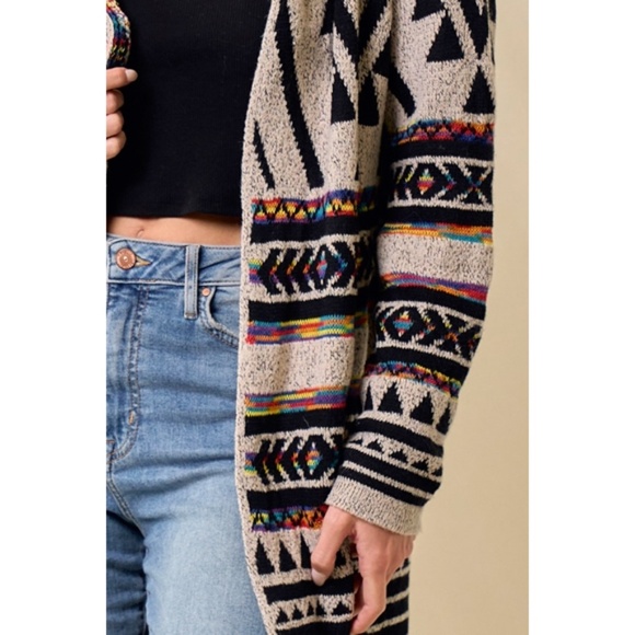 Oatmeal Multi Rainbow Aztec Jacquard Hooded Knit Open Cardigan Western Sweater - Picture 6 of 7